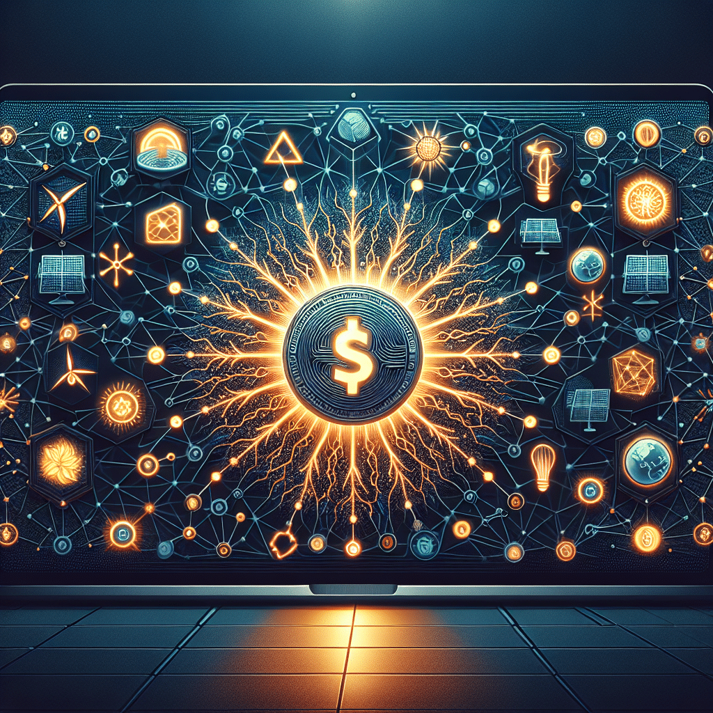 **SEO-Friendly Alt-Text:** Modern blog header image showing the fusion of artificial intelligence, blockchain, and renewable energy with interconnected neural network patterns and blockchain chains blending into solar panels and wind turbines. A glowing $EYE token radiates energy at the center, using vibrant orange, dark blue, and midnight blue for a professional, tech-forward, and sustainable look.