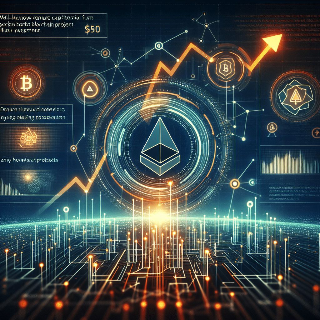"Jito's logo dominating the futuristic blockchain-themed landscape with Solana's cryptocurrency logo and a chart depicting uptrend growth in orange and dark blue hues. Notable elements include network nodes, blockchain links, and staking protocol visuals. A banner stating 'Andreessen Horowitz Backs Jito with  Million Investment' further enhances the image. The image size is 1200 x 628 pixels."