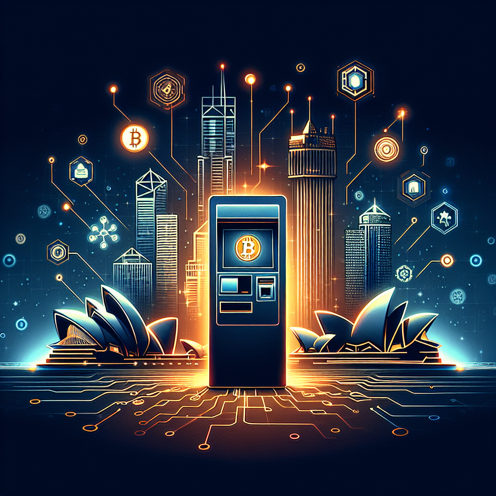 SEO Alt-text: Futuristic crypto ATM illuminated with glowing brand orange accents stands in the foreground, surrounded by digital blockchain icons and network lines. In the background, stylized dark and midnight blue Australian landmarks, including the Sydney Opera House, symbolize innovation and regulation. Subtle compliance symbols like a shield and government building outline are integrated, highlighting Australian oversight, technology, and crypto finance.