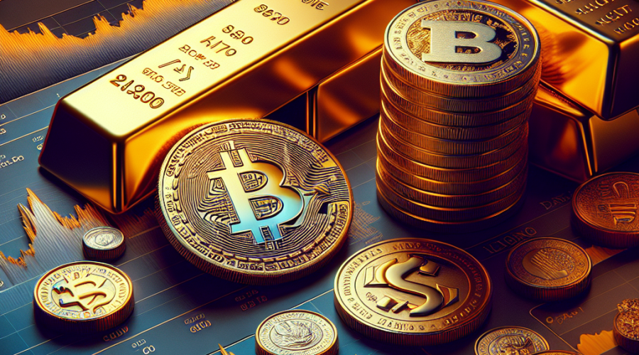 "Bitcoin, Swiss franc coin, and gold bars snapshot against the backdrop of a fluctuating stocks infographic and Fear and Greed Index chart reflecting financial turmoil and uncertainty; advocating for safe investment assets. Dominant colors are shades of midnight and dark blue with pops of orange; image size 1200 x 628 pixels."