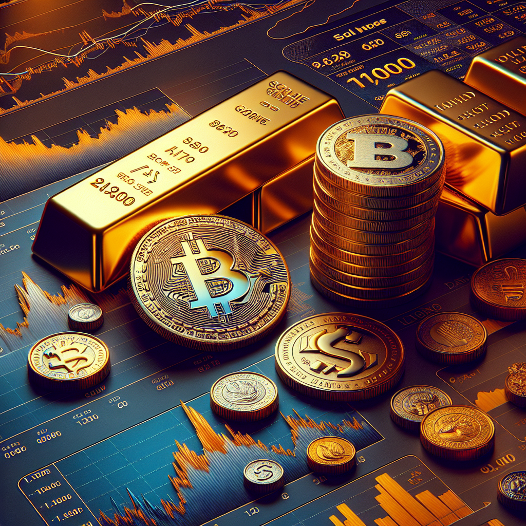 "Bitcoin, Swiss franc coin, and gold bars snapshot against the backdrop of a fluctuating stocks infographic and Fear and Greed Index chart reflecting financial turmoil and uncertainty; advocating for safe investment assets. Dominant colors are shades of midnight and dark blue with pops of orange; image size 1200 x 628 pixels."