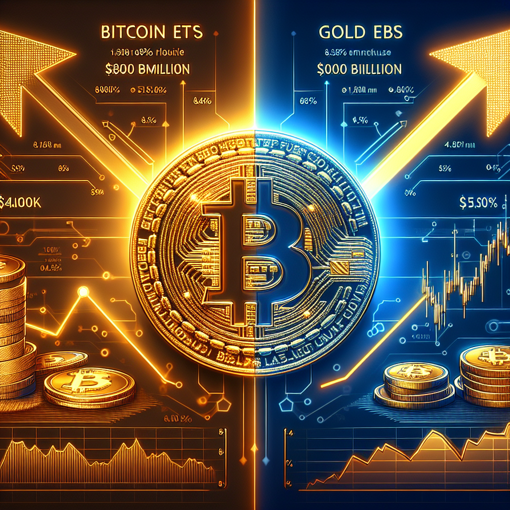 "Bitcoin coin glowing in orange symbolizing an inflow of 9 million while a dull gold coin reflects a loss of .1 billion, both against a backdrop of an 8.3% rebound in the gold market, predicting prospective prices for Bitcoin at 0K and gold at ,000 in their respective timelines, in a clean and visually appealing 1200 x 628 pixel graphic."