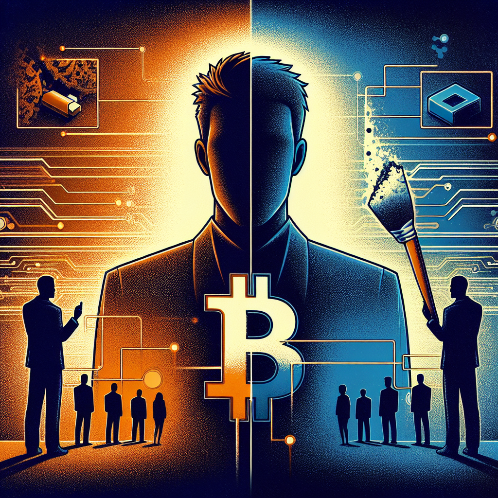 "Digital collage of Bitcoin developer Luke Dashjr's silhouette centralized with a divided background in shades of Orange, Dark and Midnight Blue symbolically representing the Bitcoin community's principle of censorship resistance and the potential interference of a committee in altering blockchain data, indicating a division over decentralization in the Bitcoin community, sized 1200 x 628 pixels."