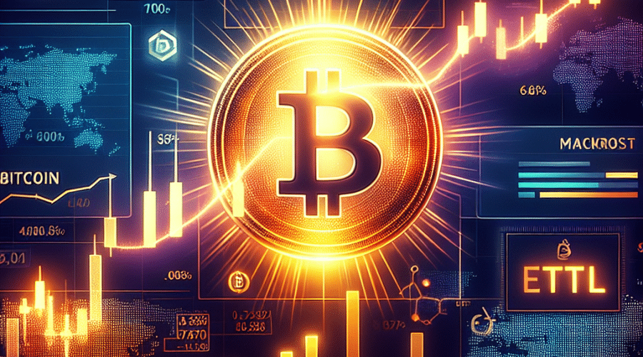 Here’s a great SEO-focused alt-text for the image you described: **Alt-text:** Modern professional blog header illustrating the intersection of macroeconomics and cryptocurrency, featuring a dynamic upward-trending Bitcoin price chart with glowing Bitcoin and ETF icons, subtle overlays of financial market data such as CPI numbers and Federal Reserve symbols, the Coinbase logo, and a stylized ETF document. The design uses vibrant orange accents (#FF9811), a bold dark blue background (#000D43), and midnight blue depth (#021B88), conveying market optimism, innovation, and the integration of crypto with mainstream finance. *Let me know if you want a shorter version or need it optimized for a specific platform!*
