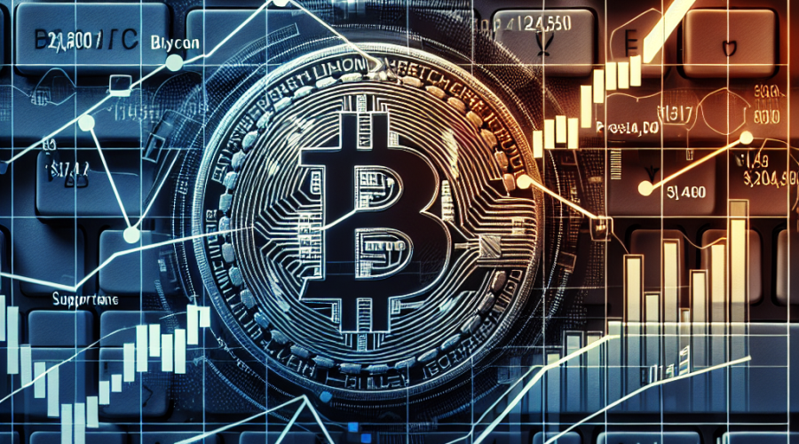 "Bitcoin value graph illustrating a steep rise from the support zone of 3,500 to the current price of 4,449, marked with key resistance points at 1,200 and 4,500, set against a computer keyboard backdrop signifying online trading. The chart infographics, overlaid with Bitcoin symbol, are depicted in the brand colours of Dark Blue, Orange, and Midnight Blue."