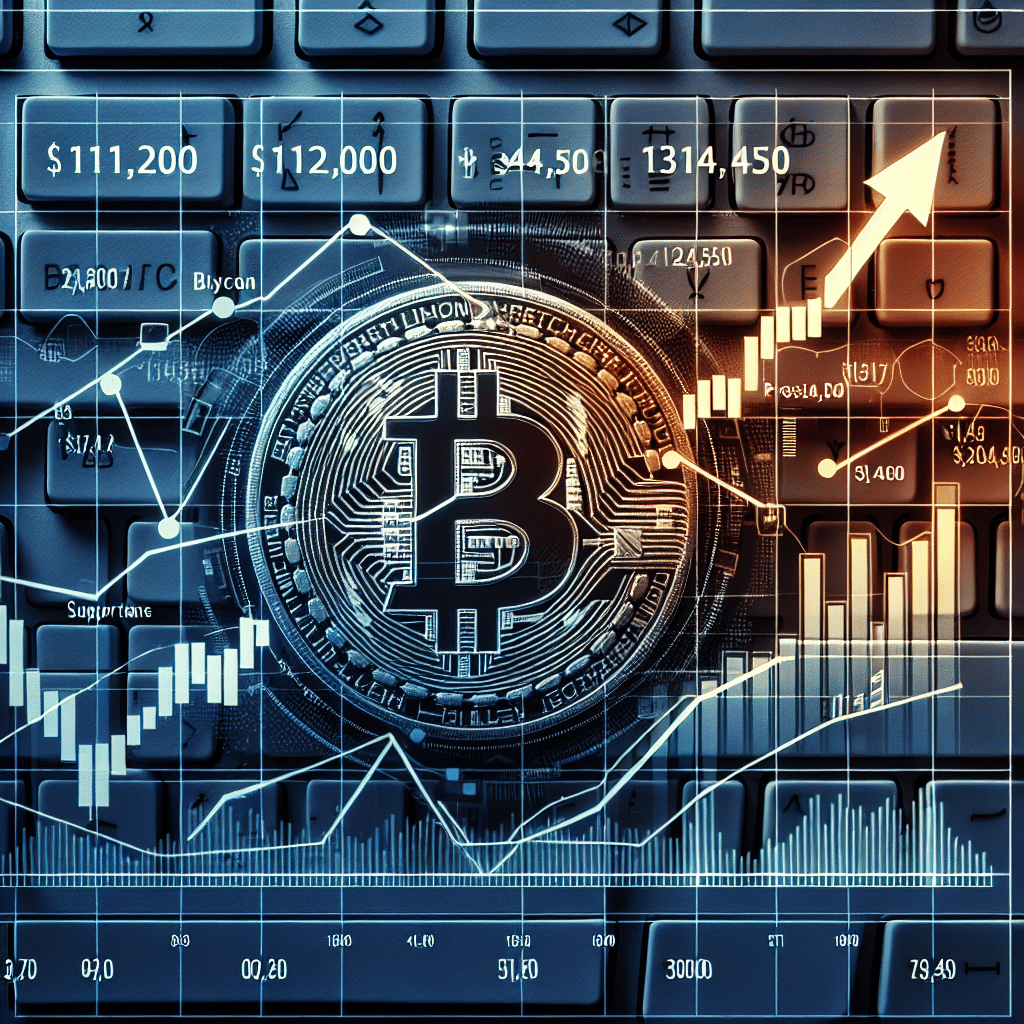 "Bitcoin value graph illustrating a steep rise from the support zone of 3,500 to the current price of 4,449, marked with key resistance points at 1,200 and 4,500, set against a computer keyboard backdrop signifying online trading. The chart infographics, overlaid with Bitcoin symbol, are depicted in the brand colours of Dark Blue, Orange, and Midnight Blue."