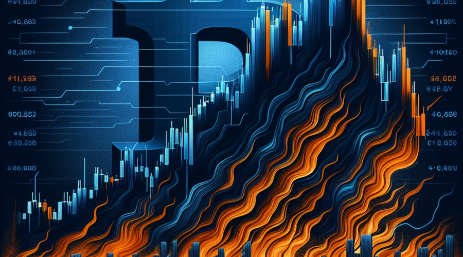 "SEO alt text: Dramatic illustration of a declining bitcoin graph showing a 14% drop, double-top pattern in midnight and dark blue colors, and Bitcoin ETFs stripping assets in the background, all accentuated by orange highlights showcasing risky market conditions - proportionally designed in 1200 x 628 pixels."