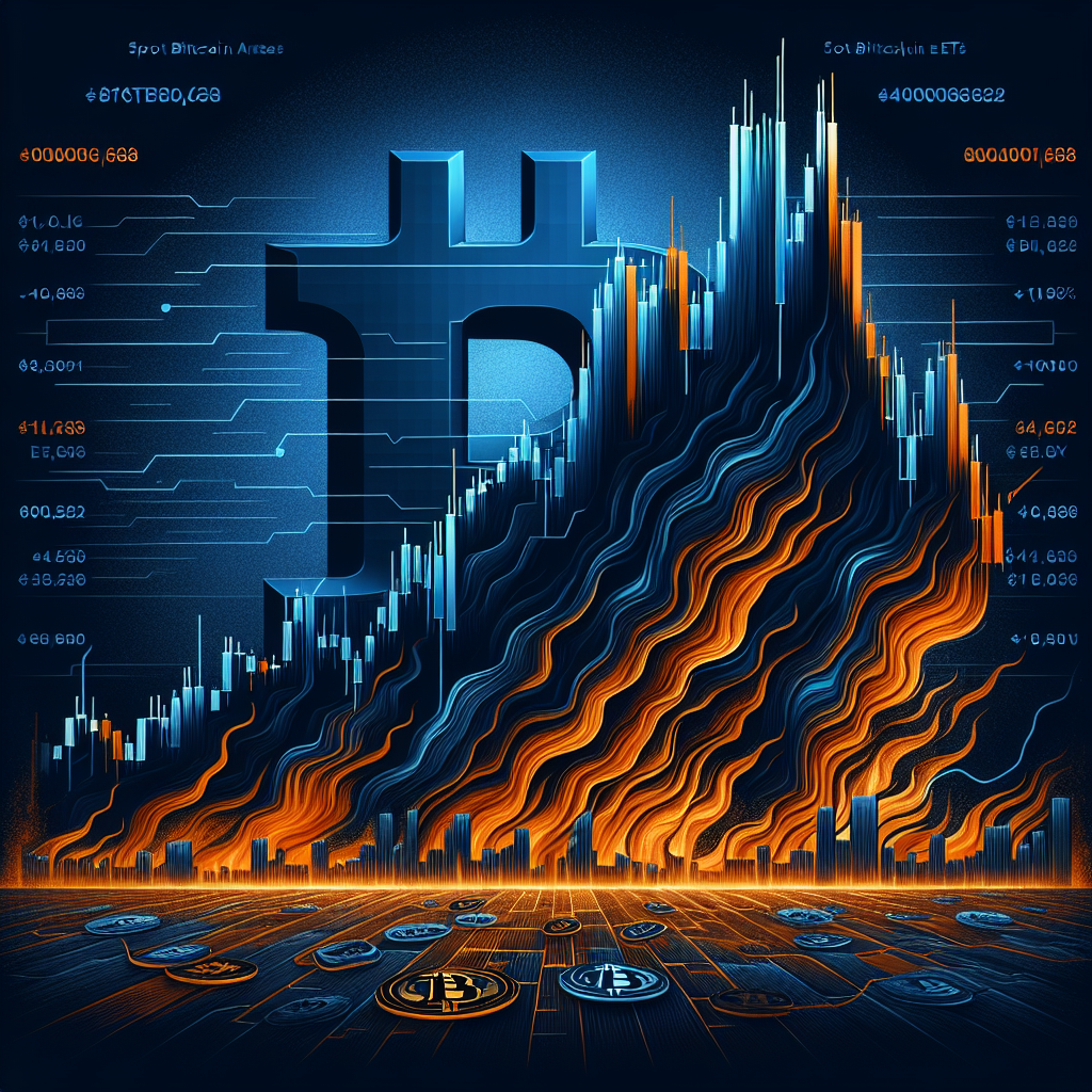 "SEO alt text: Dramatic illustration of a declining bitcoin graph showing a 14% drop, double-top pattern in midnight and dark blue colors, and Bitcoin ETFs stripping assets in the background, all accentuated by orange highlights showcasing risky market conditions - proportionally designed in 1200 x 628 pixels."