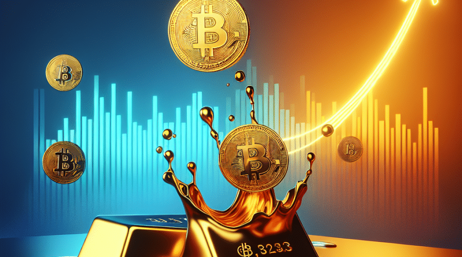 SEO Alt-text: Modern digital illustration depicting the transition from gold to Bitcoin; shows a melting gold bar on the left with Bitcoin coins emerging from the molten gold and rising upward along an abstract graph line, symbolizing upward momentum. The background features vibrant gradients of orange (#FF9811), dark blue (#000D43), and midnight blue (#021B88), enhanced with brand color highlights, conveying an energetic, forward-looking financial theme. Perfect for topics on cryptocurrency growth and the evolving value of digital assets.