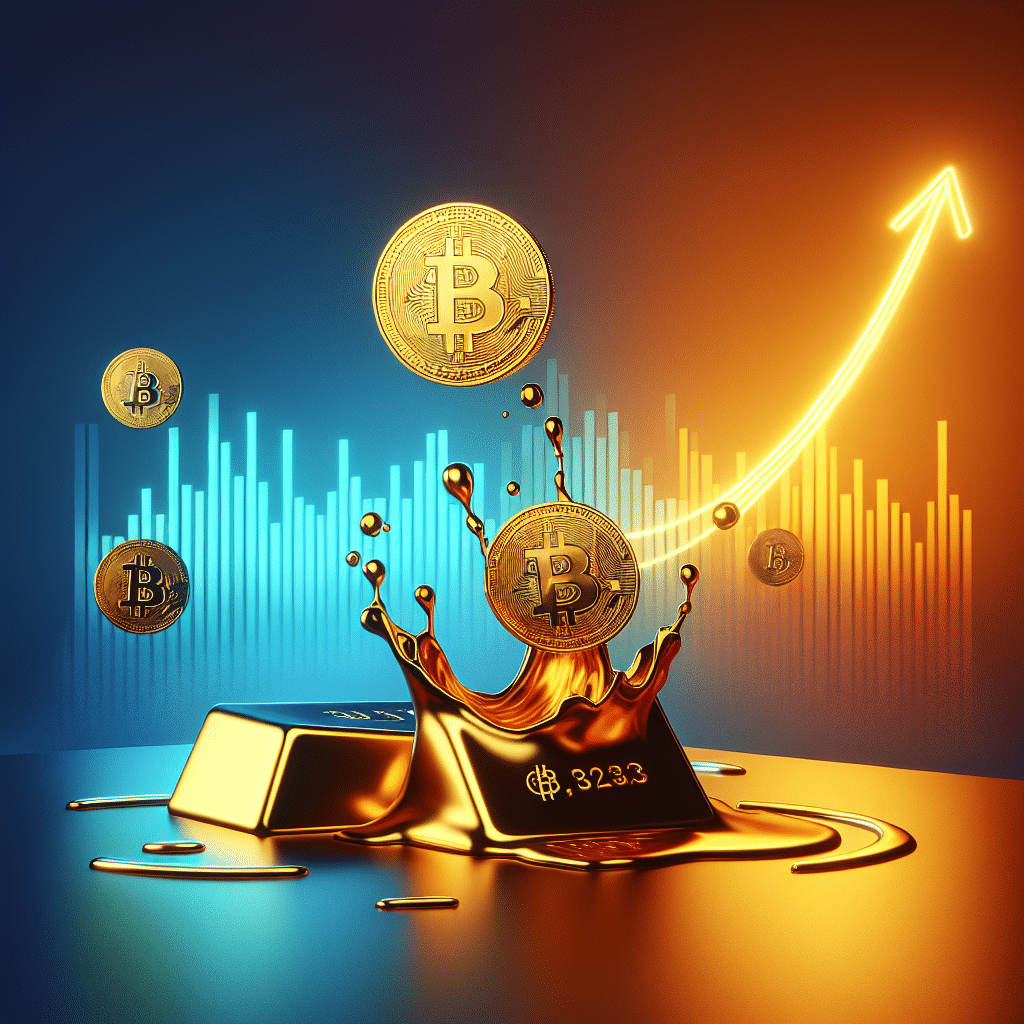 SEO Alt-text: Modern digital illustration depicting the transition from gold to Bitcoin; shows a melting gold bar on the left with Bitcoin coins emerging from the molten gold and rising upward along an abstract graph line, symbolizing upward momentum. The background features vibrant gradients of orange (#FF9811), dark blue (#000D43), and midnight blue (#021B88), enhanced with brand color highlights, conveying an energetic, forward-looking financial theme. Perfect for topics on cryptocurrency growth and the evolving value of digital assets.