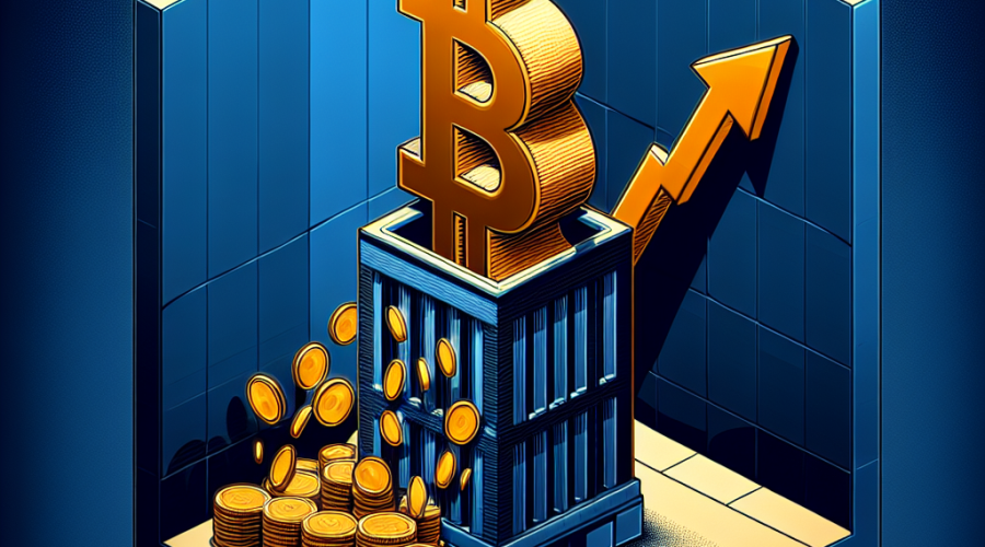 "Solana cryptocurrency symbol in bright orange centered in a symbolic ETF building with coins flowing into it - indicating significant fund inflows. A dark blue background complements a midnight-blue upward trending arrow representing high trading volumes. The image highlights 'Bitwise's Solana ETF Sees Record Inflows on Debut' text in a clear and bold font; optimized for a size of 1200 x 628 pixels."