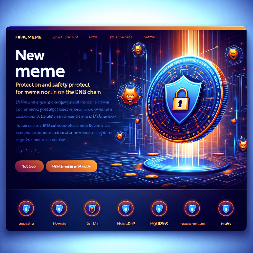 **SEO-focused Alt Text:** Modern blog banner featuring a stylized meme coin with a shield symbol, representing protection and security for meme coins on the BNB Chain. Highlights the Four.Meme Token Name Protection feature with brand colors orange (#FF9811), dark blue (#000D43), and midnight blue (#021B88), set against a digital, futuristic blockchain background with transparent and fair launch visual cues for innovation and safety in the crypto space.
