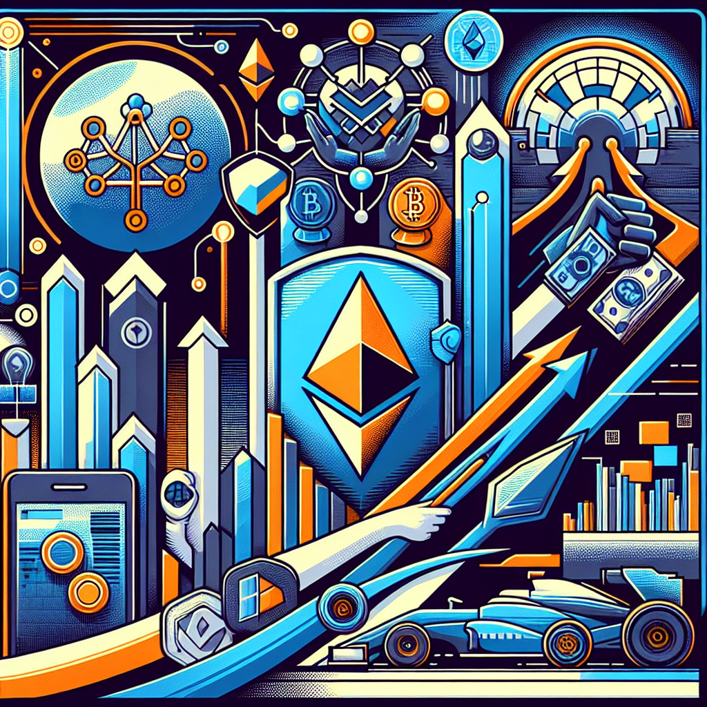 **SEO Alt-Text:** Modern illustration visualizing cryptocurrency trends, featuring abstract representations of Cardano with a shield motif for regulation, Ethereum’s logo with upward arrows and a digital wallet, Worldcoin shown as a globe with a biometric iris, and BlockDAG depicted by interlinked DAG nodes with Formula 1 racing elements. Uses dominant orange (#FF9811), dark blue (#000D43), and midnight blue (#021B88) brand colors, clean lines, and a dynamic layout to symbolize innovation and movement in blockchain and crypto markets.
