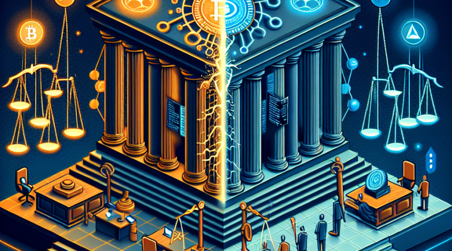**SEO Optimized Alt-Text:** Futuristic digital courthouse illustration sized 1200x628 pixels, themed around the conflict between blockchain “code is law” philosophy and traditional legal systems. The left side features interlocking smart contract code and blockchain symbols in orange (#FF9811), dark blue (#000D43), and midnight blue (#021B88), while the right side displays classic courthouse pillars, gavels, and legal scales. A dramatic crack divides the two styles, emphasizing the tension between automated code and human justice, all designed in a modern style that matches brand identity for a WordPress blog post.