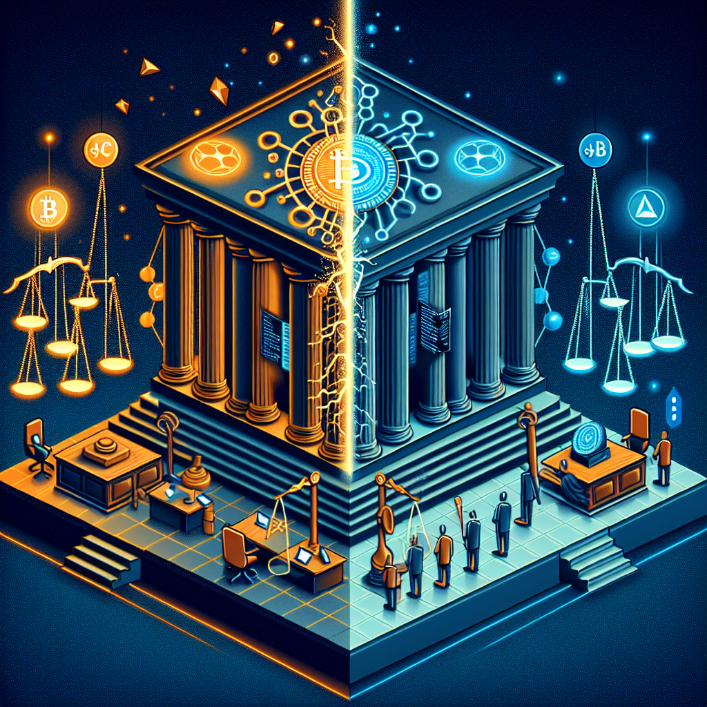 **SEO Optimized Alt-Text:** Futuristic digital courthouse illustration sized 1200x628 pixels, themed around the conflict between blockchain “code is law” philosophy and traditional legal systems. The left side features interlocking smart contract code and blockchain symbols in orange (#FF9811), dark blue (#000D43), and midnight blue (#021B88), while the right side displays classic courthouse pillars, gavels, and legal scales. A dramatic crack divides the two styles, emphasizing the tension between automated code and human justice, all designed in a modern style that matches brand identity for a WordPress blog post.