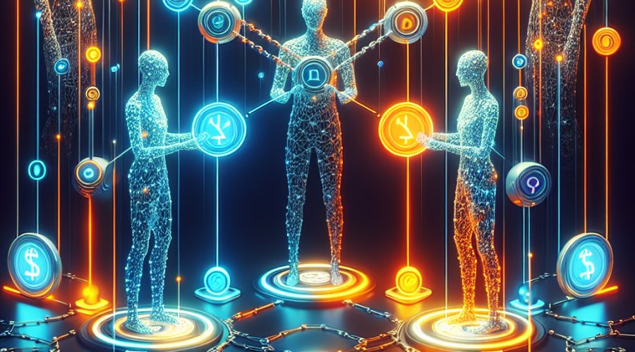 Sure! Here’s a great SEO alt-text for your described image: **Alt-text:** Futuristic digital illustration showing an abstract network of interconnected AI agents as humanoid and robotic silhouettes, exchanging glowing stablecoin tokens in Coinbase orange (#FF9811), dark blue (#000D43), and midnight blue (#021B88). Visual elements include digital payments, HTTP 402 status code, and blockchain chains weaving throughout the scene, symbolizing seamless programmable payments, AI, stablecoins, and cutting-edge internet technology in a tech-forward finance brand style. Let me know if you want a shorter or more targeted version!