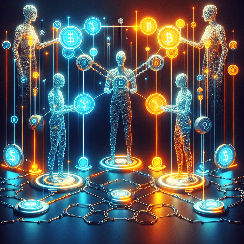 Sure! Here’s a great SEO alt-text for your described image: **Alt-text:** Futuristic digital illustration showing an abstract network of interconnected AI agents as humanoid and robotic silhouettes, exchanging glowing stablecoin tokens in Coinbase orange (#FF9811), dark blue (#000D43), and midnight blue (#021B88). Visual elements include digital payments, HTTP 402 status code, and blockchain chains weaving throughout the scene, symbolizing seamless programmable payments, AI, stablecoins, and cutting-edge internet technology in a tech-forward finance brand style. Let me know if you want a shorter or more targeted version!