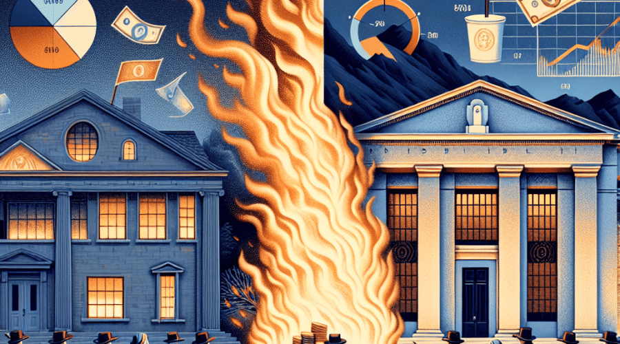 How Colonial America Invented Fiat Money and What It Teaches Us About Modern Monetary Policy 4 SEO alt-text: Modern stylized illustration blending 18th-century colonial Americans burning paper currency in a dramatic bonfire with smoke, alongside a contemporary Federal Reserve building featuring digital financial graphs and glowing numbers, unified in orange (#FF9811), dark blue (#000D43), and midnight blue (#021B88); visualizing themes of public trust, money management, and the evolution from historical to modern central banking.