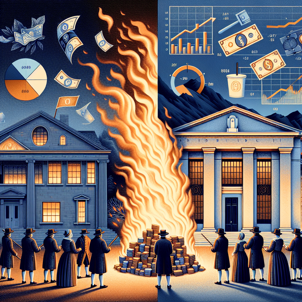SEO alt-text: Modern stylized illustration blending 18th-century colonial Americans burning paper currency in a dramatic bonfire with smoke, alongside a contemporary Federal Reserve building featuring digital financial graphs and glowing numbers, unified in orange (#FF9811), dark blue (#000D43), and midnight blue (#021B88); visualizing themes of public trust, money management, and the evolution from historical to modern central banking.