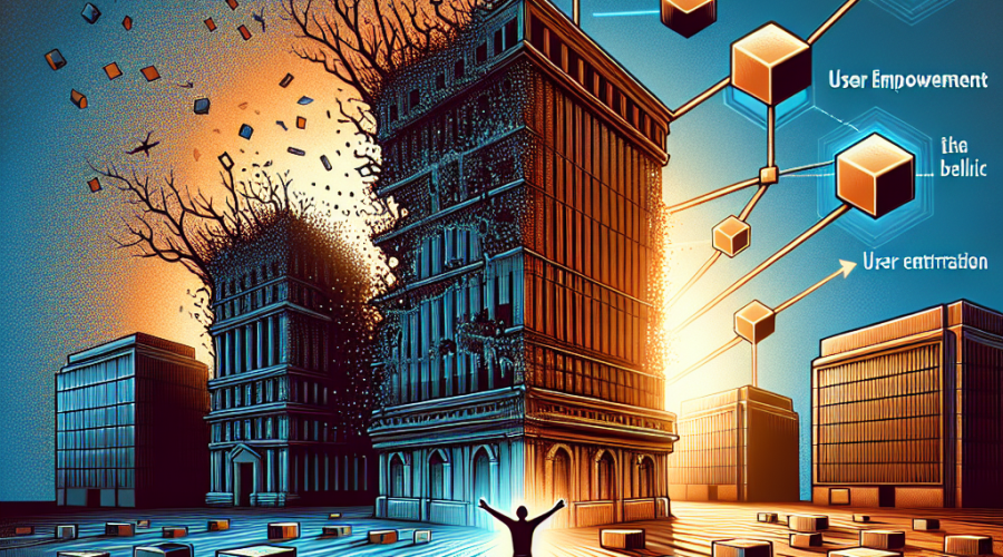 "Central figure standing strong in foreground, symbolizing user empowerment in a contrasting atmosphere of a crumbling corporate building morphing into a robust, unchained blockchain in brand shades of Orange, Dark Blue, and Midnight Blue. StarkWare logo subtly incorporated into the blockchain structure. Image highlights the future of blockchain empowering users over centralization, signaling a digital transformation in technology."