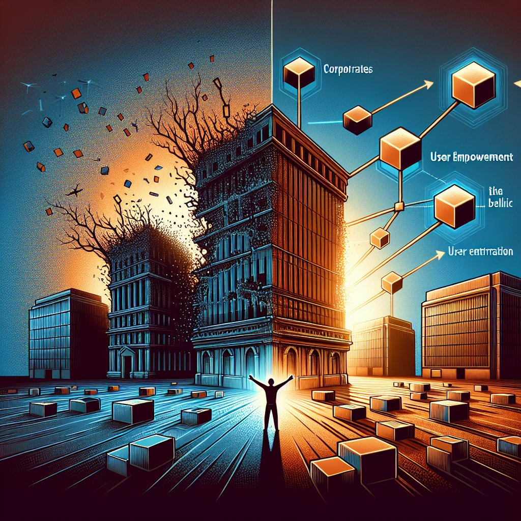 "Central figure standing strong in foreground, symbolizing user empowerment in a contrasting atmosphere of a crumbling corporate building morphing into a robust, unchained blockchain in brand shades of Orange, Dark Blue, and Midnight Blue. StarkWare logo subtly incorporated into the blockchain structure. Image highlights the future of blockchain empowering users over centralization, signaling a digital transformation in technology."