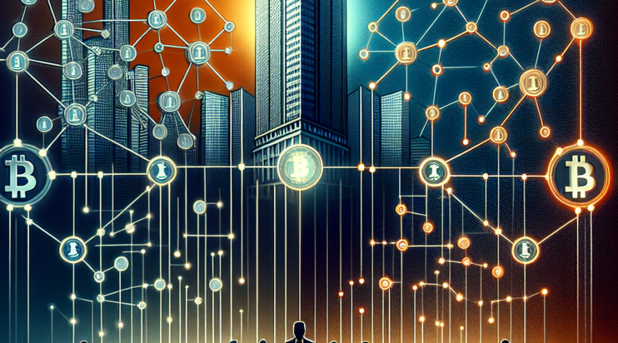**SEO Alt-Text:** Modern digital illustration contrasting corporate and decentralized blockchain infrastructures. On the left, a dark skyscraper overshadows a centralized blockchain with clustered nodes connected by opaque lines, representing corporate control. On the right, a vibrant, organic decentralized network features transparent links and interconnected nodes, highlighted by user silhouettes holding keys to symbolize self-sovereignty. The image uses Orange #FF9811, Dark Blue #000D43, and Midnight Blue #021B88 for a sleek, professional, tech-focused look, capturing the tension between centralization and true decentralization.