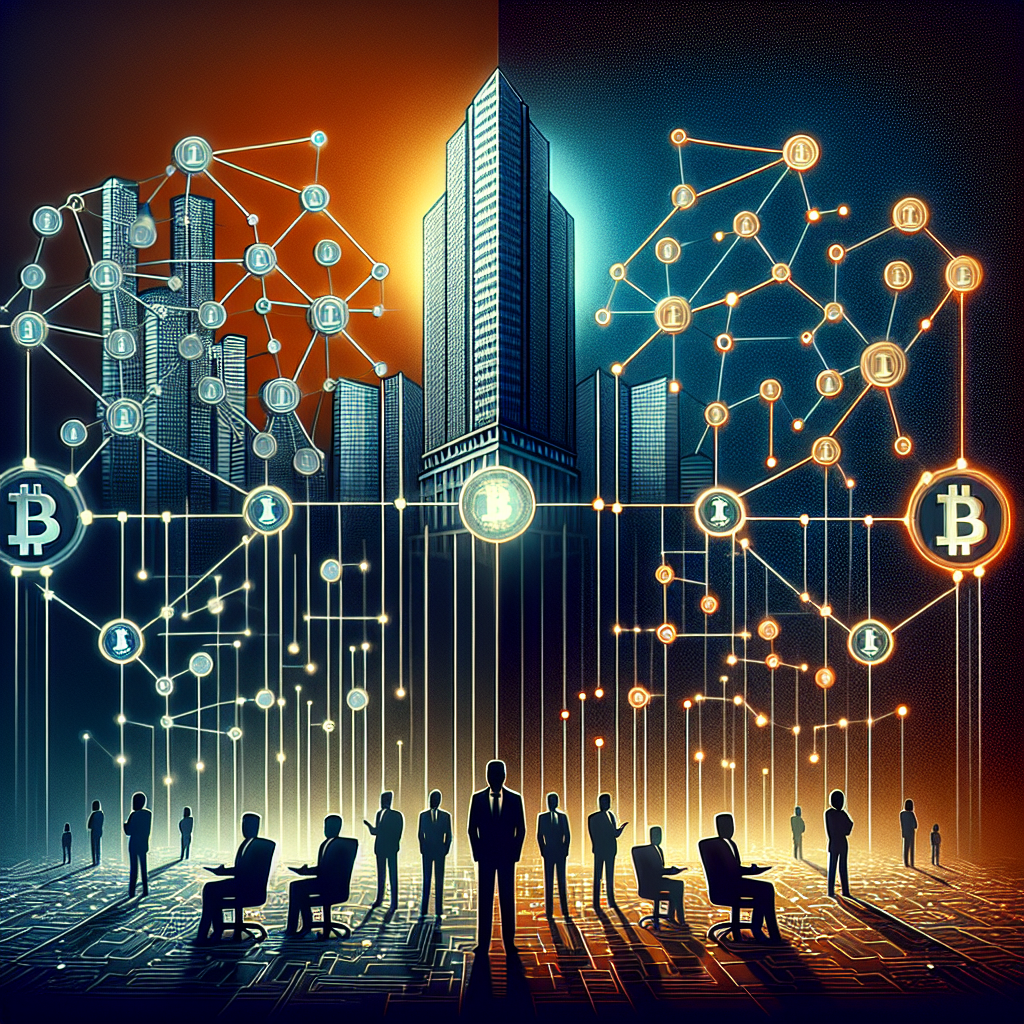**SEO Alt-Text:** Modern digital illustration contrasting corporate and decentralized blockchain infrastructures. On the left, a dark skyscraper overshadows a centralized blockchain with clustered nodes connected by opaque lines, representing corporate control. On the right, a vibrant, organic decentralized network features transparent links and interconnected nodes, highlighted by user silhouettes holding keys to symbolize self-sovereignty. The image uses Orange #FF9811, Dark Blue #000D43, and Midnight Blue #021B88 for a sleek, professional, tech-focused look, capturing the tension between centralization and true decentralization.