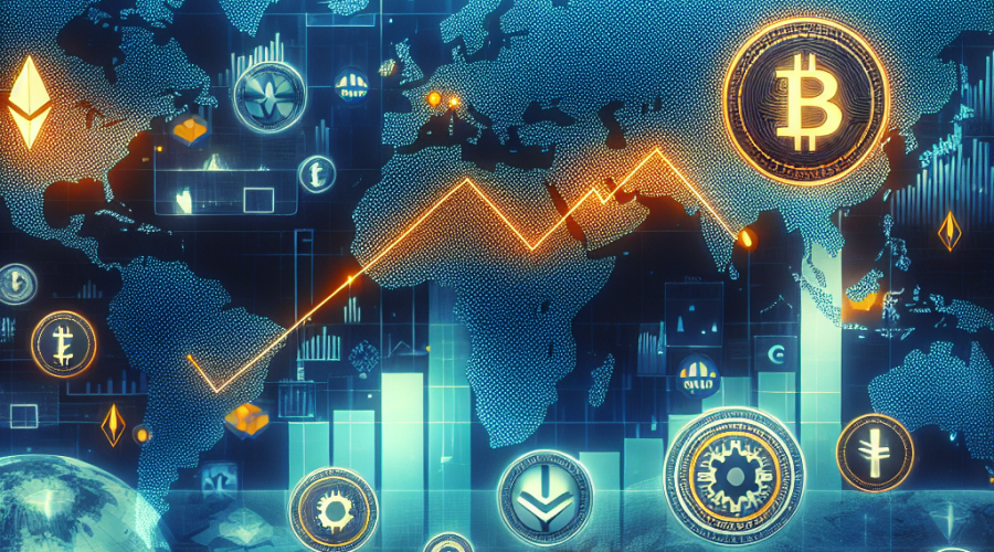 "Global map highlighting South Asia and the U.S. in shades of blue (#000D43 and #021B88), indicating the growth in cryptocurrency adoption, overlaid with a rising line chart representing increased crypto transaction volume. Bitcoin, Tether, and Circle icons with an orange accent (#FF9811) show the prevalent cryptocurrencies. Inclusion of TRM Labs logo at the corner, referencing their data report on crypto adoption trends."