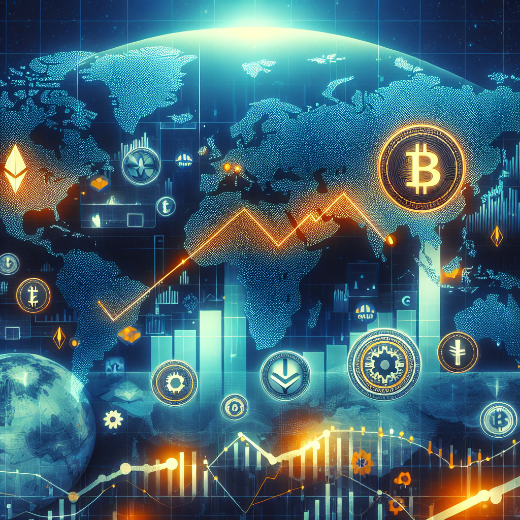 "Global map highlighting South Asia and the U.S. in shades of blue (#000D43 and #021B88), indicating the growth in cryptocurrency adoption, overlaid with a rising line chart representing increased crypto transaction volume. Bitcoin, Tether, and Circle icons with an orange accent (#FF9811) show the prevalent cryptocurrencies. Inclusion of TRM Labs logo at the corner, referencing their data report on crypto adoption trends."