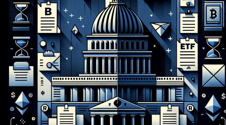 SEO Alt-Text: Modern digital illustration depicting a stylized US Capitol building in dark blue (#000D43) and midnight blue (#021B88), partially cast in shadow with a prominent pause symbol, representing a government shutdown. In the foreground, stacks of ETF application documents and digital cryptocurrency symbols like Bitcoin and Ethereum are shown frozen, alongside subtle clock and hourglass imagery to emphasize uncertainty and stalled progress. Accents of vibrant orange (#FF9811) highlight key elements, creating a sleek, professional look for a financial blog post focused on the US government shutdown’s impact on crypto ETF approval delays. Image size is 1200x628 pixels.