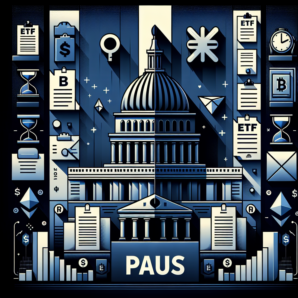 SEO Alt-Text: Modern digital illustration depicting a stylized US Capitol building in dark blue (#000D43) and midnight blue (#021B88), partially cast in shadow with a prominent pause symbol, representing a government shutdown. In the foreground, stacks of ETF application documents and digital cryptocurrency symbols like Bitcoin and Ethereum are shown frozen, alongside subtle clock and hourglass imagery to emphasize uncertainty and stalled progress. Accents of vibrant orange (#FF9811) highlight key elements, creating a sleek, professional look for a financial blog post focused on the US government shutdown’s impact on crypto ETF approval delays. Image size is 1200x628 pixels.