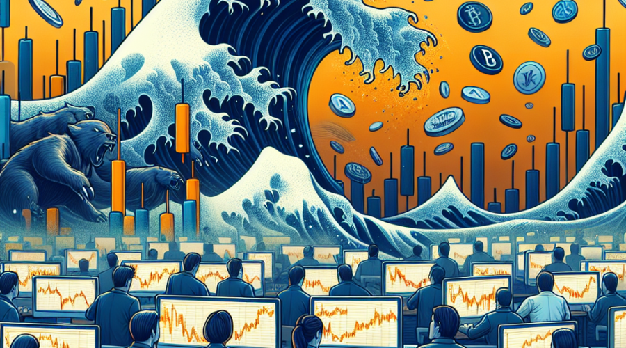 SEO Optimized Alt-Text: "Dramatic digital illustration depicting a turbulent cryptocurrency market shaken by a massive wave of liquidations, featuring falling candlestick charts and tumbling crypto coins like Bitcoin and altcoins. Distressed traders react in shock, while fragmented currency icons and trading screens are swept away by stormy waves. The scene integrates bold brand colors #FF9811 orange, #000D43 dark blue, and #021B88 midnight blue for a cohesive, modern finance and tech blog header design, sized 1200x628 pixels."