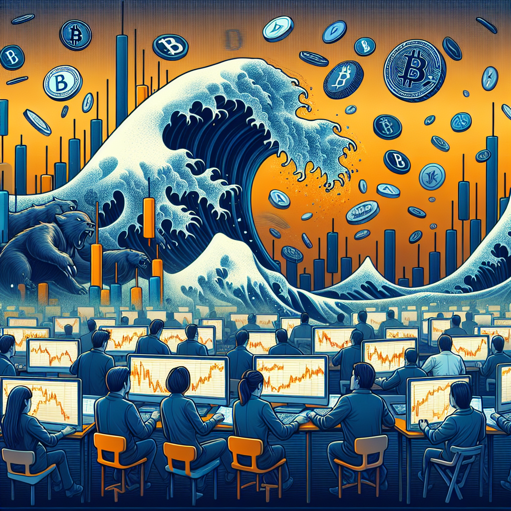 SEO Optimized Alt-Text: "Dramatic digital illustration depicting a turbulent cryptocurrency market shaken by a massive wave of liquidations, featuring falling candlestick charts and tumbling crypto coins like Bitcoin and altcoins. Distressed traders react in shock, while fragmented currency icons and trading screens are swept away by stormy waves. The scene integrates bold brand colors #FF9811 orange, #000D43 dark blue, and #021B88 midnight blue for a cohesive, modern finance and tech blog header design, sized 1200x628 pixels."