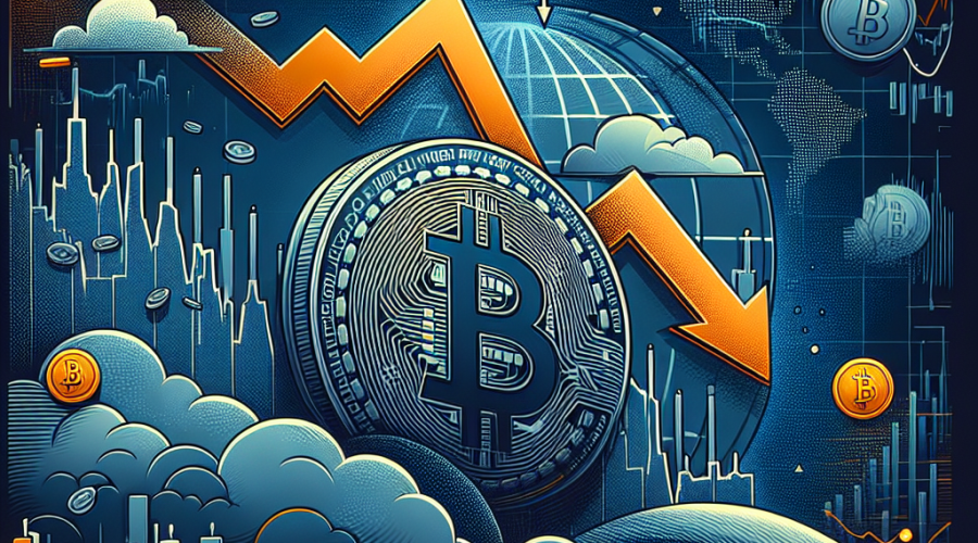 SEO-optimized alt text: Sleek modern illustration of a dramatic Bitcoin price chart dipping then rebounding, with digital coins, diverse anxious and optimistic crypto traders, swirling financial graphs, subtle globe outlines, geopolitical icons, and storm clouds transitioning to upward arrows, themed in orange (#FF9811), dark blue (#000D43), and midnight blue (#021B88), designed as an energetic 1200x628px blog graphic about global cryptocurrency market volatility and recovery.
