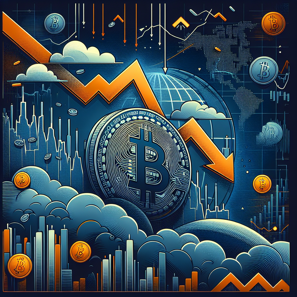 SEO-optimized alt text: Sleek modern illustration of a dramatic Bitcoin price chart dipping then rebounding, with digital coins, diverse anxious and optimistic crypto traders, swirling financial graphs, subtle globe outlines, geopolitical icons, and storm clouds transitioning to upward arrows, themed in orange (#FF9811), dark blue (#000D43), and midnight blue (#021B88), designed as an energetic 1200x628px blog graphic about global cryptocurrency market volatility and recovery.