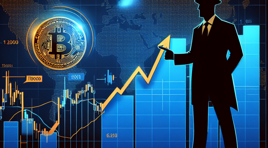 "SEO-optimized graphical illustration showcasing effects of U.S-China trade tensions on the crypto market, featuring a bearish Bitcoin trend and a 100% tariff increase chart highlighted in orange on a dark and midnight blue world map for a Wordpress blog post."