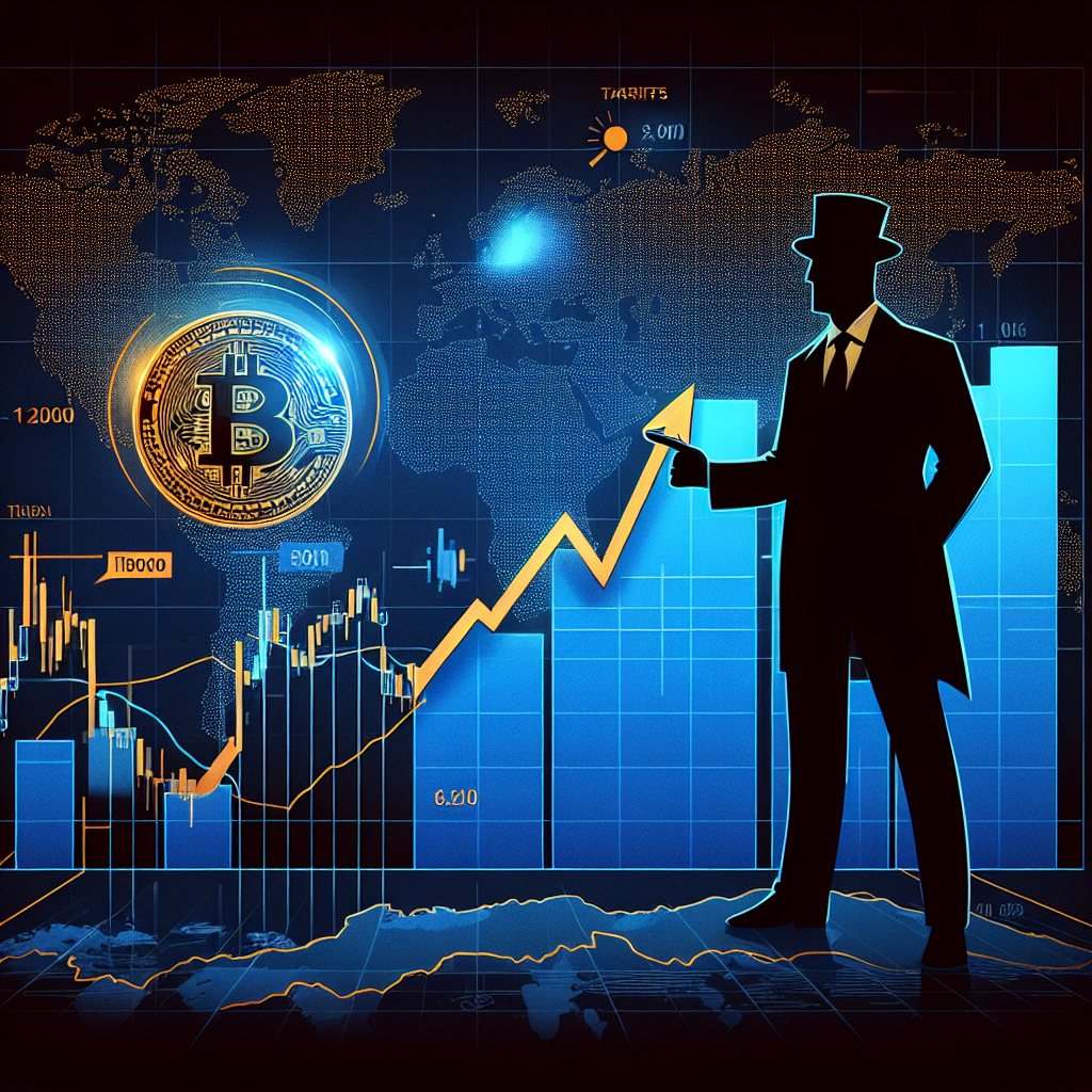 "SEO-optimized graphical illustration showcasing effects of U.S-China trade tensions on the crypto market, featuring a bearish Bitcoin trend and a 100% tariff increase chart highlighted in orange on a dark and midnight blue world map for a Wordpress blog post."