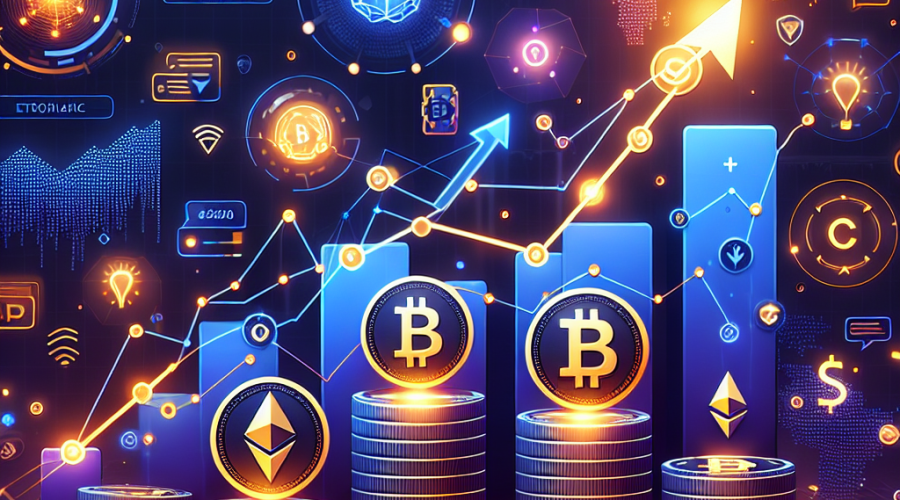 **SEO Alt-text:** Sleek modern blog header image sized 1200x628 pixels depicting a bullish cryptocurrency market rally fueled by US political uncertainty; stylized Bitcoin and Ethereum coins rise amid dynamic upward arrows, glowing blockchain network lines, and digital financial charts. Subtle AI motifs like a techy brain and neural network intertwine with playful gaming and social icons in the background, symbolizing technological innovation and crypto presales. Image showcases brand colors with energetic orange (#FF9811) highlights, dominant dark blue (#000D43), and deep midnight blue (#021B88) gradients, all in a clean, cutting-edge fintech and crypto design style.