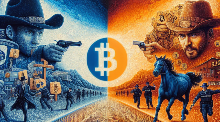 "Conceptual art illustration featuring a Wild West cryptocurrency market with Bitcoin symbols clashing against law enforcement advocating for financial regulations, with a dividing center line symbolizing blockchain technology, created with a vibrant color palette of orange, dark blue and midnight blue."