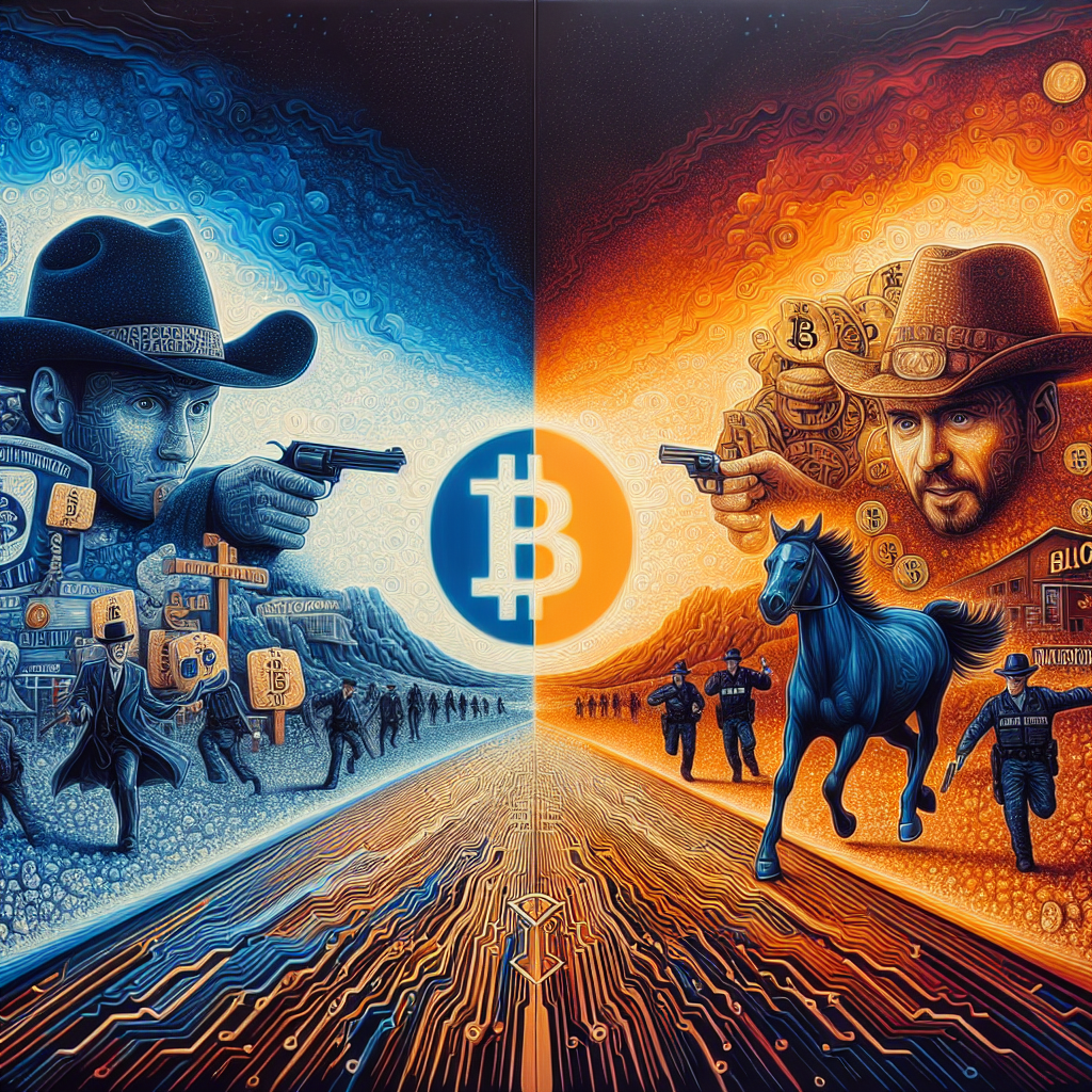 "Conceptual art illustration featuring a Wild West cryptocurrency market with Bitcoin symbols clashing against law enforcement advocating for financial regulations, with a dividing center line symbolizing blockchain technology, created with a vibrant color palette of orange, dark blue and midnight blue."