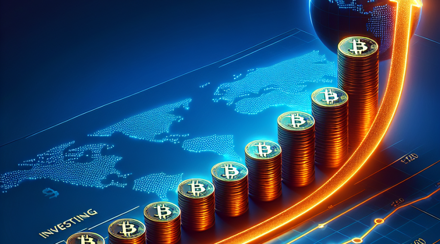 "DDC Enterprise's Bitcoin investment growth illustrated through an upward trending line against a dark blue background, symbolizing their ambitious global Bitcoin treasury strategy with the aim to hold 10,000 Bitcoins by 2025. Featuring a stack of shining Bitcoins, progressively larger cups, and the planet Earth, shown at both small and large scales, to represent DDC's worldwide expansion. Company's logo alongside 'Investing in Bitcoin's Future' text adds a touch of their firm belief in the potential of Bitcoin investments. Image size - 1200 x 628 pixels."