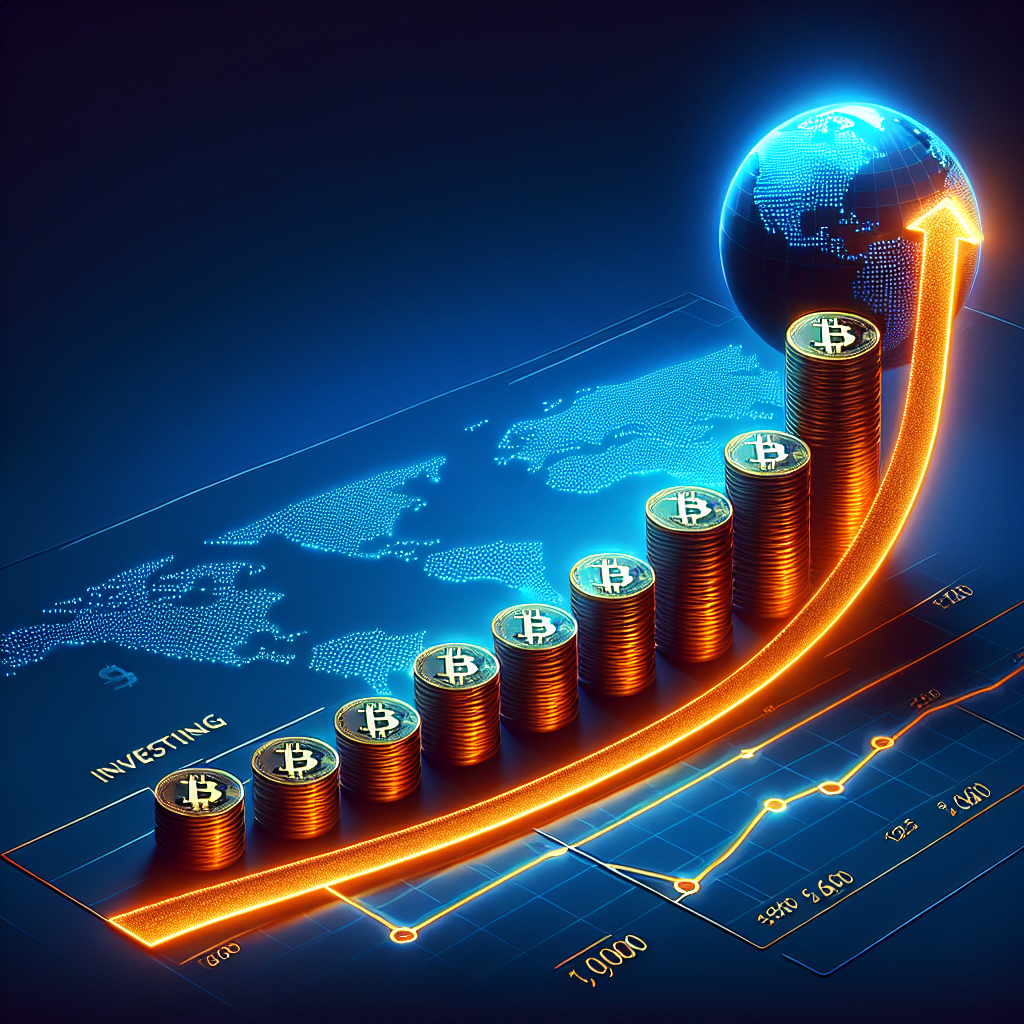 "DDC Enterprise's Bitcoin investment growth illustrated through an upward trending line against a dark blue background, symbolizing their ambitious global Bitcoin treasury strategy with the aim to hold 10,000 Bitcoins by 2025. Featuring a stack of shining Bitcoins, progressively larger cups, and the planet Earth, shown at both small and large scales, to represent DDC's worldwide expansion. Company's logo alongside 'Investing in Bitcoin's Future' text adds a touch of their firm belief in the potential of Bitcoin investments. Image size - 1200 x 628 pixels."