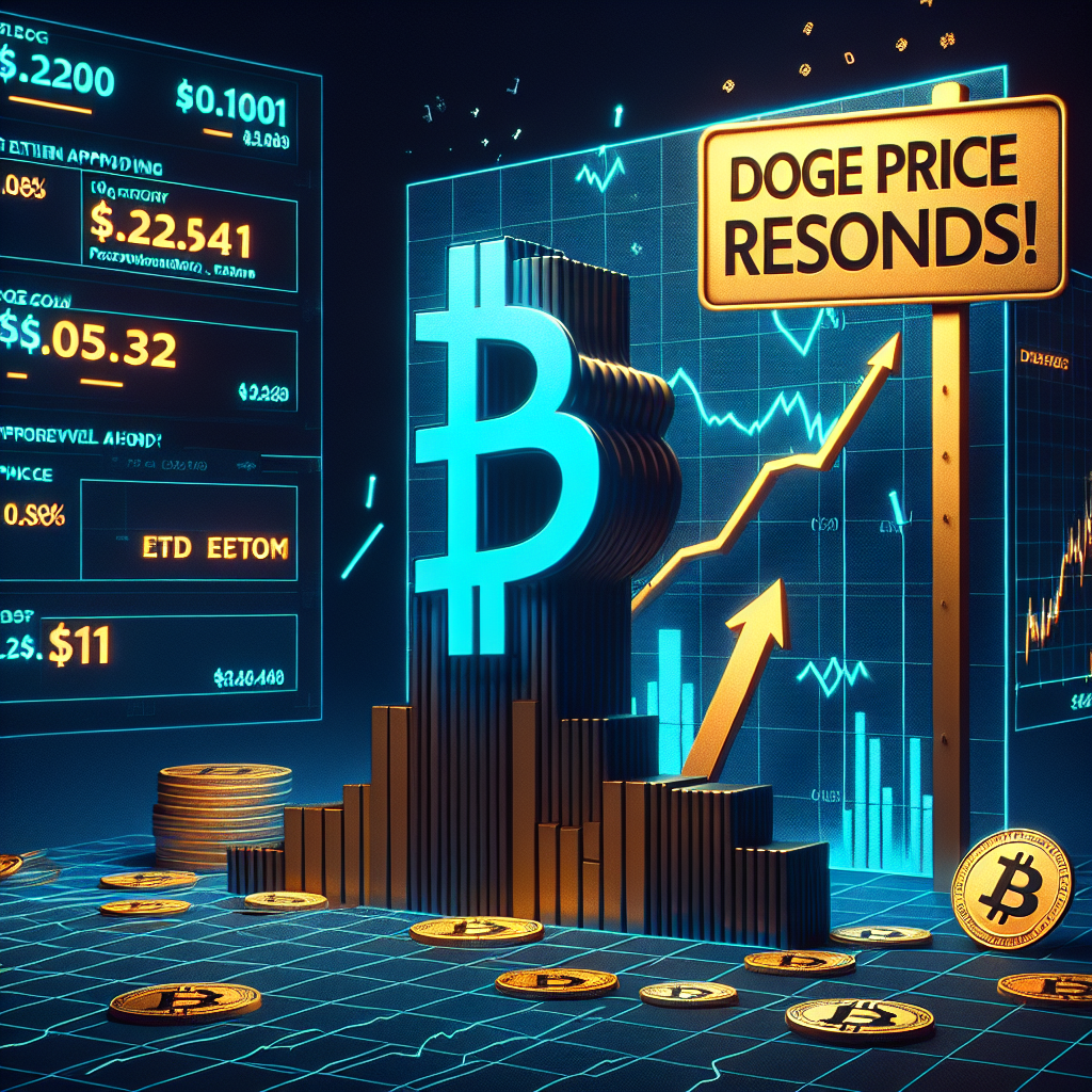 "SEO alt-text: Visualization detailing Dogecoin's fluctuating price-points on a dark blue background. Chart highlights key prices — $0.2200, $0.2631, and possible $1 mark. Foreground shows bold, orange 'DOGE Price Rebounds!' sign with arrow pointing upwards suggesting potential ETF approval. Iconic Dogecoin image featured in a contrasting tone of midnight blue. Bottom right corner subtly illustrates a rising, incomplete wedge shape, indicating the uncertain future of crypto trend. Image dimensions 1200x628."