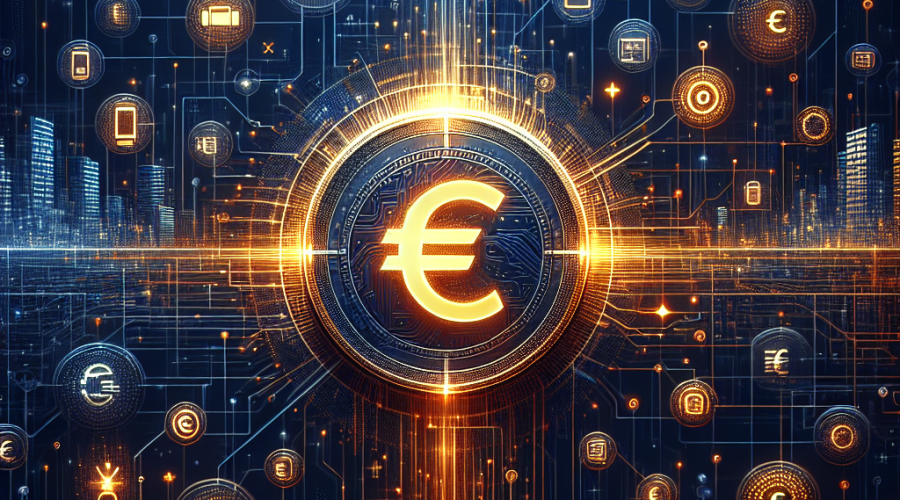 **SEO Alt-Text:** Digital illustration of a glowing digital euro coin at the center, radiating subtle orange light (#FF9811), symbolizing the European Central Bank's digital euro initiative. The coin is surrounded by overlapping network lines and digital symbols in brand dark blue (#000D43) and midnight blue (#021B88). Key icons represent mobile apps, secure transactions, and inclusivity, while a clean, futuristic background features abstract cityscapes, European stars, and digital transformation themes. The modern 1200 x 628 pixel image blends security, innovation, and connectivity for a professional, trustworthy, and tech-forward look aligned with ECB brand colors.