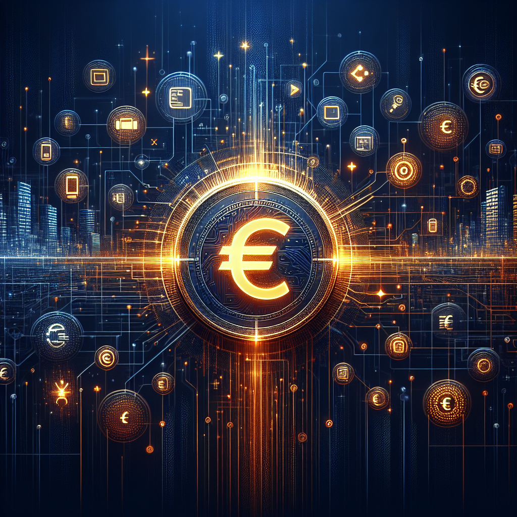 **SEO Alt-Text:** Digital illustration of a glowing digital euro coin at the center, radiating subtle orange light (#FF9811), symbolizing the European Central Bank's digital euro initiative. The coin is surrounded by overlapping network lines and digital symbols in brand dark blue (#000D43) and midnight blue (#021B88). Key icons represent mobile apps, secure transactions, and inclusivity, while a clean, futuristic background features abstract cityscapes, European stars, and digital transformation themes. The modern 1200 x 628 pixel image blends security, innovation, and connectivity for a professional, trustworthy, and tech-forward look aligned with ECB brand colors.