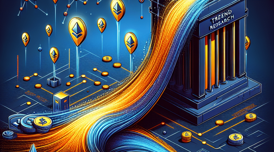 SEO Alt-Text: "Dramatic digital illustration of Ethereum coins transferring from a dark blue institutional building labeled 'Trend Research' to a vibrant orange Binance exchange platform via a blockchain path, featuring price charts, liquidity waves, and volatility spikes on a sleek, contemporary background with #FF9811, #000D43, and #021B88 brand colors, visually representing major institutional crypto transfers and their market impact, optimized for a 1200x628 pixel layout."