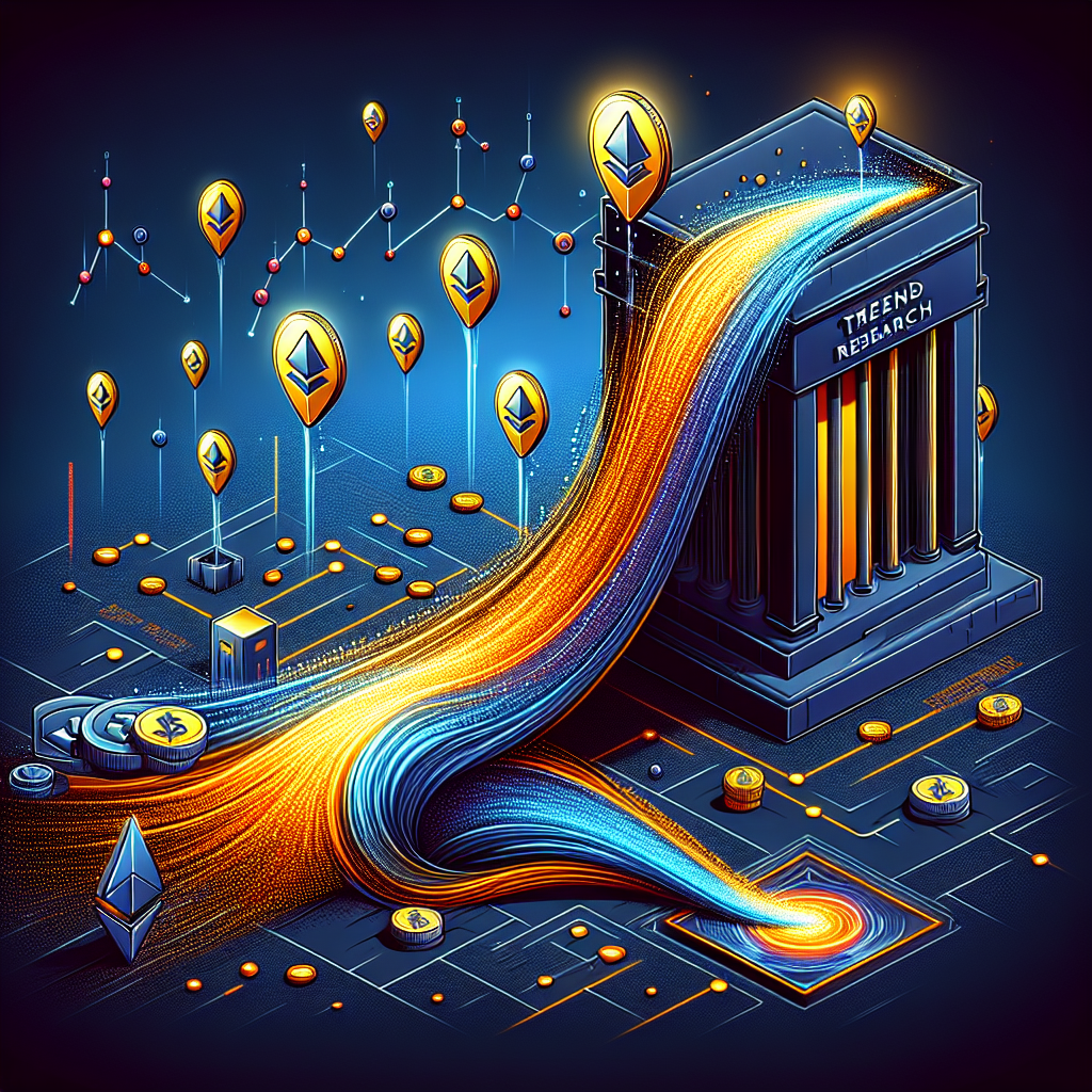 SEO Alt-Text: "Dramatic digital illustration of Ethereum coins transferring from a dark blue institutional building labeled 'Trend Research' to a vibrant orange Binance exchange platform via a blockchain path, featuring price charts, liquidity waves, and volatility spikes on a sleek, contemporary background with #FF9811, #000D43, and #021B88 brand colors, visually representing major institutional crypto transfers and their market impact, optimized for a 1200x628 pixel layout."