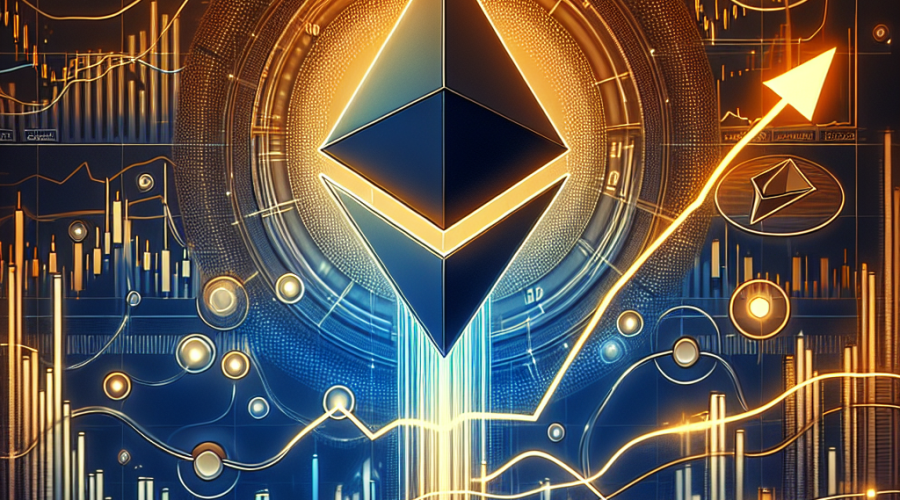 **SEO-optimized alt text:** Modern digital illustration for WordPress blog showing a sleek, stylized Ethereum logo rising above dynamic price chart lines displaying a Bump-and-Run Reversal (BARR) pattern, with an ascending arrow breaking through resistance; abstract Bitcoin-style background features candles, moving averages, and digital network nodes to emphasize technical analysis and blockchain technology, set in a bold color palette of orange (#FF9811), dark blue (#000D43), and midnight blue (#021B88), capturing Ethereum’s potential bullish reversal amid crypto market volatility.