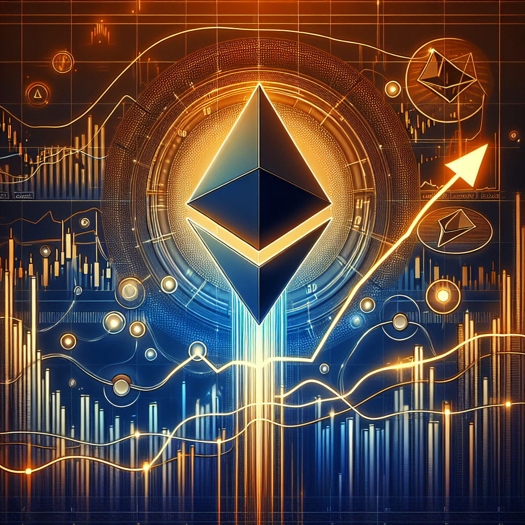 **SEO-optimized alt text:** Modern digital illustration for WordPress blog showing a sleek, stylized Ethereum logo rising above dynamic price chart lines displaying a Bump-and-Run Reversal (BARR) pattern, with an ascending arrow breaking through resistance; abstract Bitcoin-style background features candles, moving averages, and digital network nodes to emphasize technical analysis and blockchain technology, set in a bold color palette of orange (#FF9811), dark blue (#000D43), and midnight blue (#021B88), capturing Ethereum’s potential bullish reversal amid crypto market volatility.