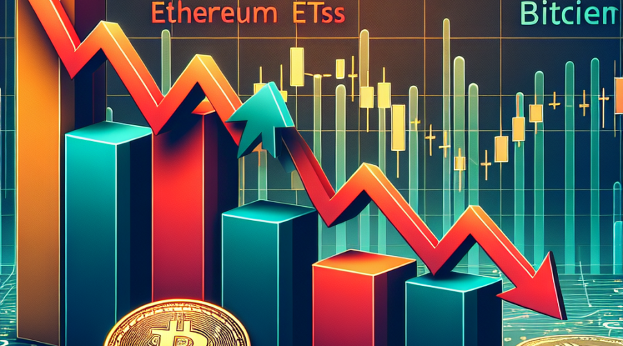 "Bar graph image showcasing a downward trend in Ethereum ETFs, including BlackRock's ETHA, Grayscales ETHE, and Bitwise's ETHW, represented with stark red arrows, against an upward trend in Bitcoin ETFs, indicated by a climbing green arrow from BlackRock's iShares Bitcoin Trust. The dominant colors, orange, dark blue, and midnight blue reflect the respective brand identities. Text highlighting the decrease in Ethereum and increase in Bitcoin reinforces the key theme. Picture dimensions: 1200 x 628 pixels."